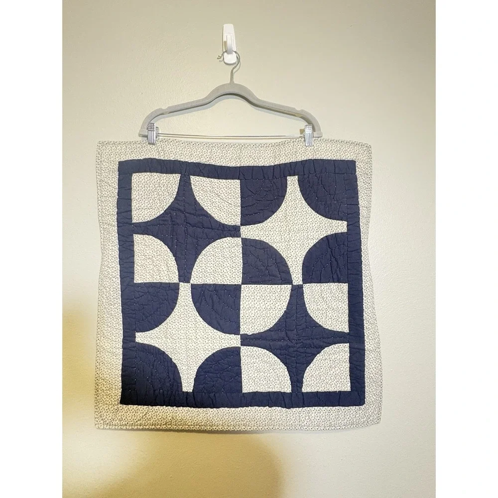 Pottery Barn 2 Navy Circles Patchwork Quilted Pillow Shams Euro And Standard